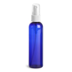 4 oz Blue PET Cosmo Round Bottles w/ White Fine Mist Sprayers