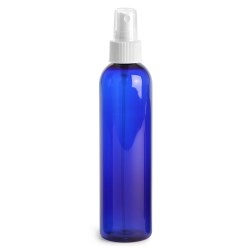 8 oz Blue PET Cosmo Round Bottles w/ White Fine Mist Sprayers