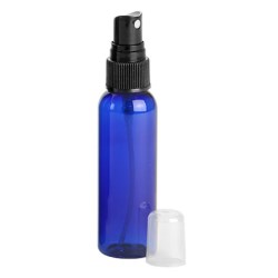 2 oz Blue PET Cosmo Round Bottles w/ Black Fine Mist Sprayers