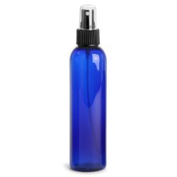 8 oz Blue PET Cosmo Round Bottles w/ Black Fine Mist Sprayers