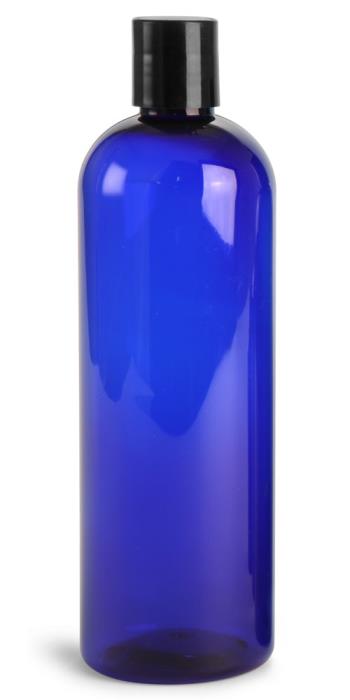 16 oz Blue PET cosmo Round Bottles w/ Black Disc Top Caps