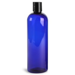 16 oz Blue PET cosmo Round Bottles w/ Black Disc Top Caps