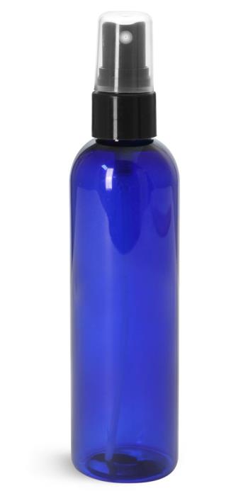 4 oz Plastic Bottles, Blue PET Cosmo Rounds w/ Smooth Black Fine Mist Sprayers