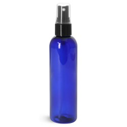 4 oz Plastic Bottles, Blue PET Cosmo Rounds w/ Smooth Black Fine Mist Sprayers