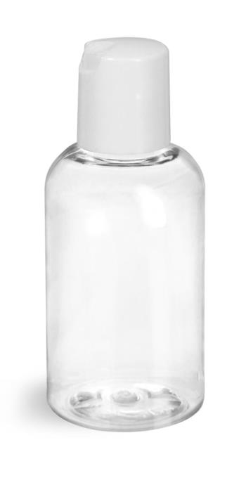 2 oz Clear PET Boston Round Bottles w/ Smooth White Disc Top Caps