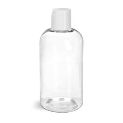 8 oz Clear PET Boston Round Bottles w/ Smooth White Disc Top Caps