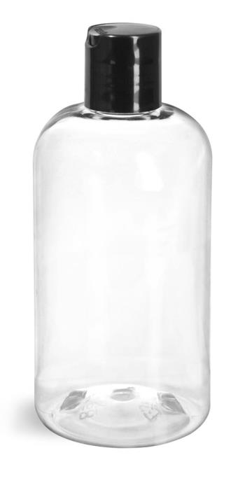 8 oz Clear PET Boston Round Bottles w/ Smooth Black Disc Top Caps