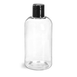 8 oz Clear PET Boston Round Bottles w/ Smooth Black Disc Top Caps