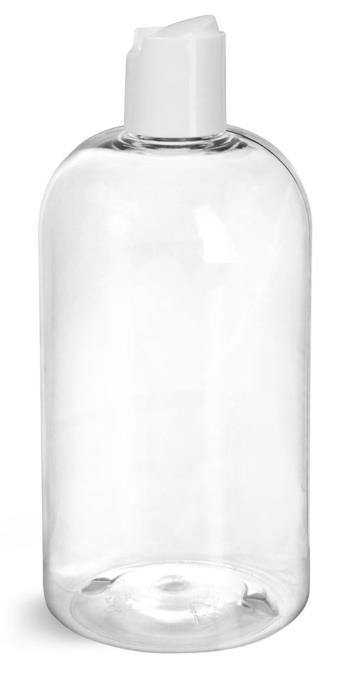 16 oz Clear PET Boston Round Bottles w/ Smooth White Disc Top Caps