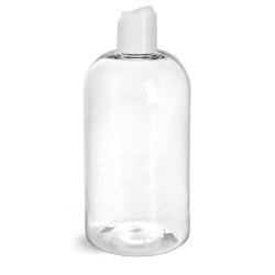 16 oz Clear PET Boston Round Bottles w/ Smooth White Disc Top Caps