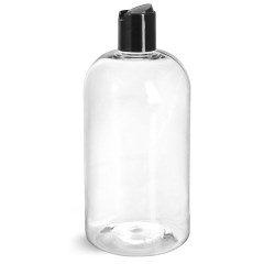 16 oz Clear PET Boston Round Bottles w/ Smooth Black Disc Top Caps