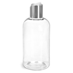 8 oz Clear PET Boston Round Bottles w/ Silver Disc Top Caps