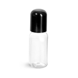 1 oz Clear PET Boston Round Bottles w/ Smooth Black Dome Caps