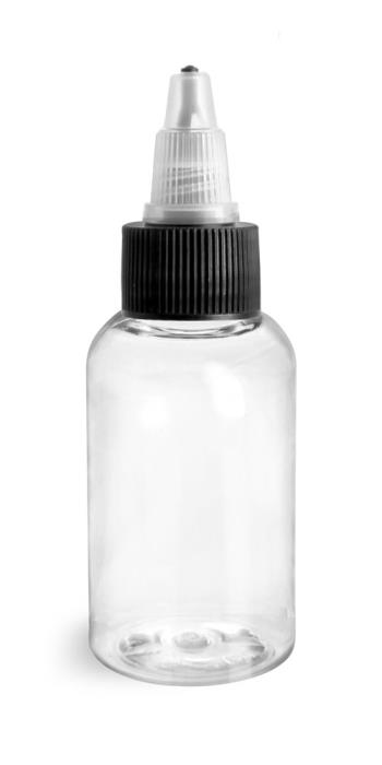 2 oz Plastic Bottles, Clear PET Boston Rounds w/ Black/Natural Induction Lined Twist Top Caps