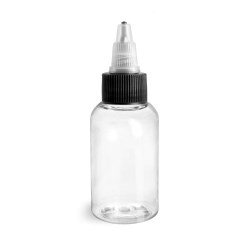 2 oz Plastic Bottles, Clear PET Boston Rounds w/ Black/Natural Induction Lined Twist Top Caps