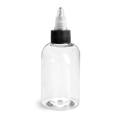 4 oz Plastic Bottles, Clear PET Boston Rounds w/ Black/Natural Induction Lined Twist Top Caps