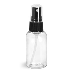 2 oz Clear PET Boston Round Bottles w/ Black Fine Mist Sprayers