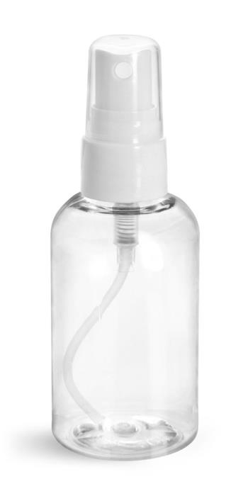 2 oz Plastic Bottles, Clear PET Boston Rounds w/ Smooth White Fine Mist Sprayers