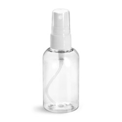 2 oz Plastic Bottles, Clear PET Boston Rounds w/ Smooth White Fine Mist Sprayers