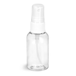 2 oz Clear PET Boston Round Bottles w/ White Fine Mist Sprayers