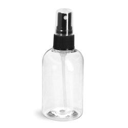 4 oz Clear PET Boston Round Bottles w/ Black Fine Mist Sprayers