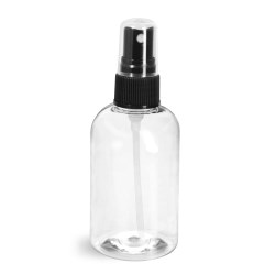 8 oz Clear PET Boston Round Bottles w/ Black Fine Mist Sprayers