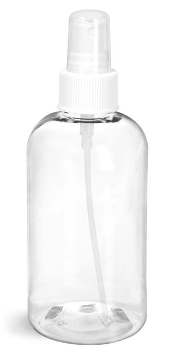 8 oz Clear PET Boston Round Bottles w/ White Fine Mist Sprayers