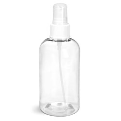 8 oz Clear PET Boston Round Bottles w/ White Fine Mist Sprayers