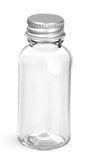 1 oz Clear PET Boston Round Bottles w/ Lined Aluminum Caps