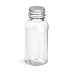 1 oz Clear PET Boston Round Bottles w/ Lined Aluminum Caps