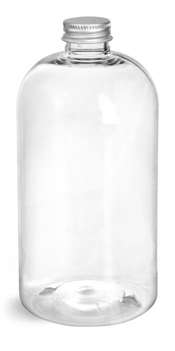 16 oz Clear PET Boston Round Bottles w/ Lined Aluminum Caps