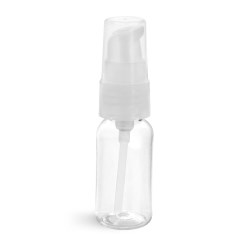 1 oz Clear PET Boston Round Bottles w/ Natural Treatment Pumps