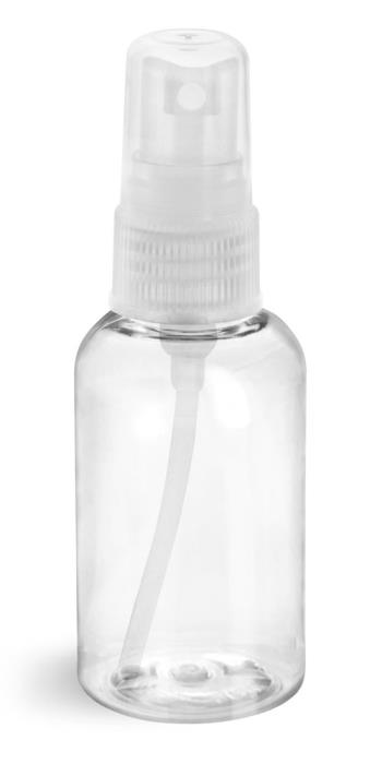 2 oz Clear PET Boston Round Bottles w/ Natural Fine Mist Sprayers