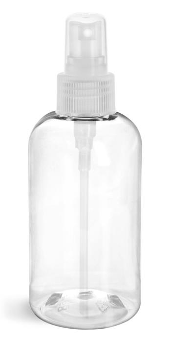 8 oz Clear PET Boston Round Bottles w/ Natural Fine Mist Sprayers