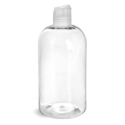 16 oz Clear PET Boston Round Bottles w/ Natural Disc Top Caps