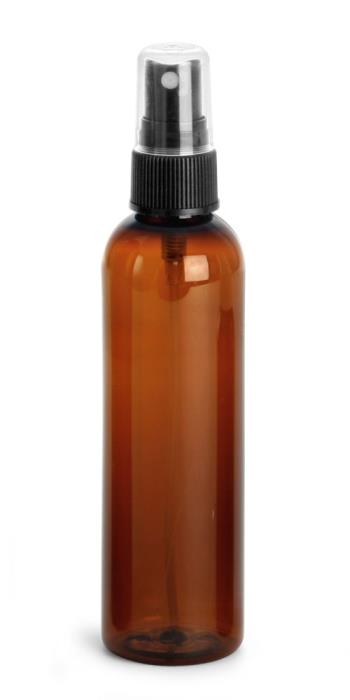 4 oz Amber PET Cosmo Rounds w/ Black Fine Mist Sprayers