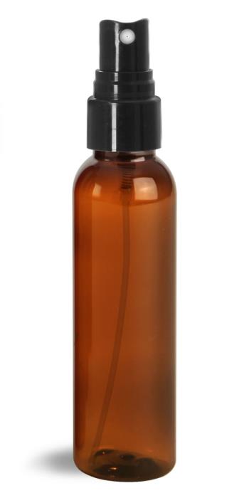 4 oz Plastic Bottles, Amber PET Cosmo Rounds w/ Smooth Black Fine Mist Sprayers