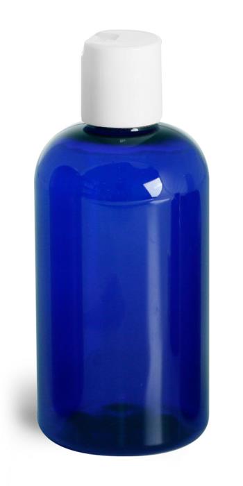 8 oz Blue PET Boston Round Bottles w/ White Disc Top Caps