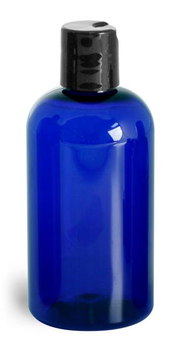 8 oz Blue PET Boston Round Bottles w/ Black Disc Top Caps