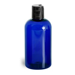 8 oz Blue PET Boston Round Bottles w/ Black Disc Top Caps