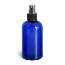 8 oz Blue PET Boston Round Bottles w/ Black Fine Mist Sprayers