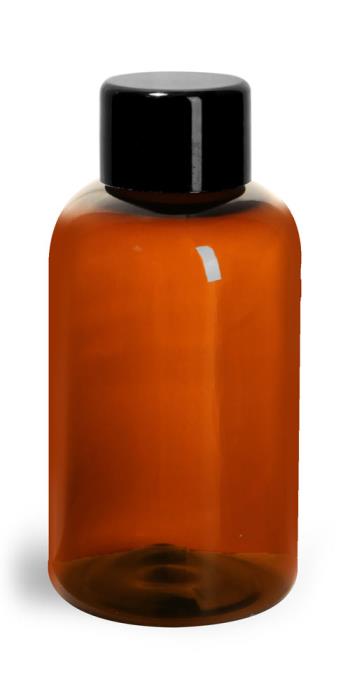 2 oz Plastic Bottles, Amber PET Boston Rounds w/ Smooth Black Plastic Lined Caps