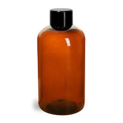 8 oz Plastic Bottles, Amber PET Boston Rounds w/ Smooth Black Plastic Lined Caps