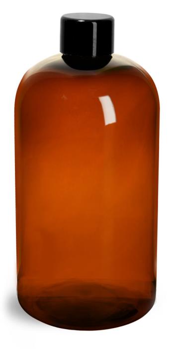 16 oz Plastic Bottles, Amber PET Boston Rounds w/ Smooth Black Plastic Lined Caps