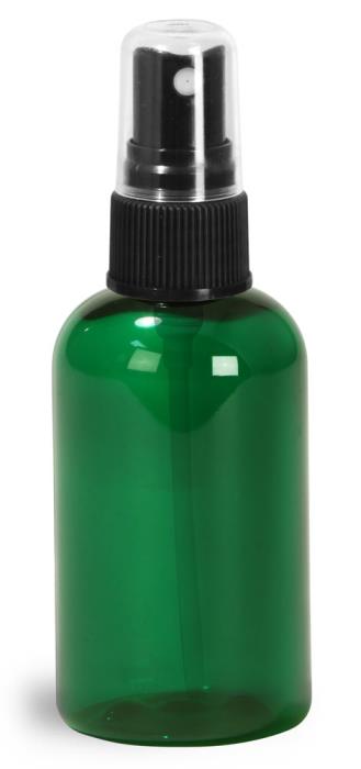 2 oz Green PET Boston Round Bottles w/ Black Fine Mist Sprayers