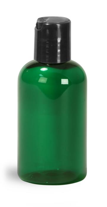 2 oz Green PET Boston Round Bottles w/ Black Disc Top Caps