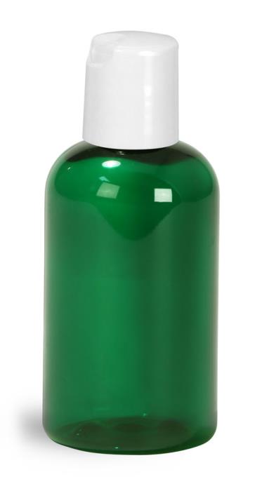 2 oz Green PET Boston Round Bottles w/ White Disc Top Caps