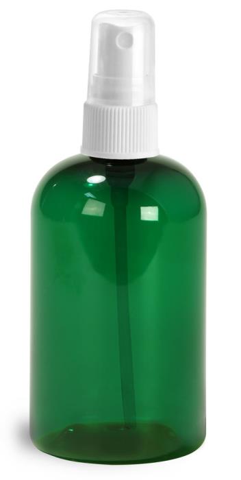 4 oz Green PET Boston Round Bottles w/ White Fine Mist Sprayers