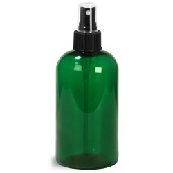 8 oz Green PET Boston Round Bottles w/ Black Fine Mist Sprayers