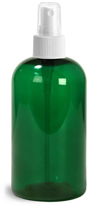 8 oz Green PET Boston Round Bottles w/ White Fine Mist Sprayers